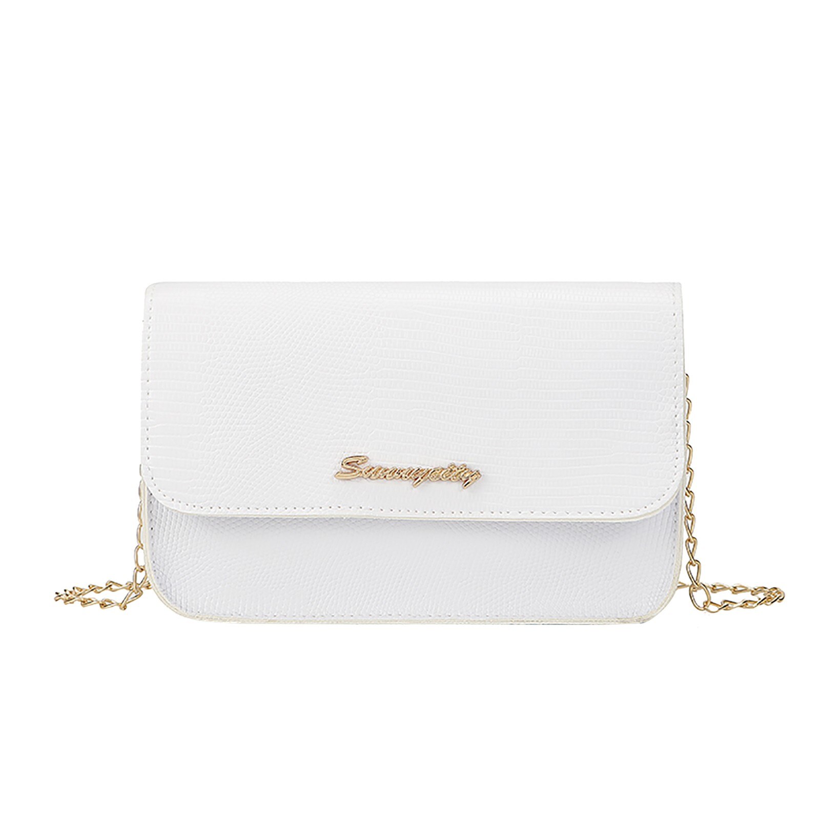 Bolso cuadrado pequeño y sencillo para mujer, bolsa de mano femenina de , de , de cuero Pu, con cadena de cerrojo, bandoleras para teléfono móvil,: White