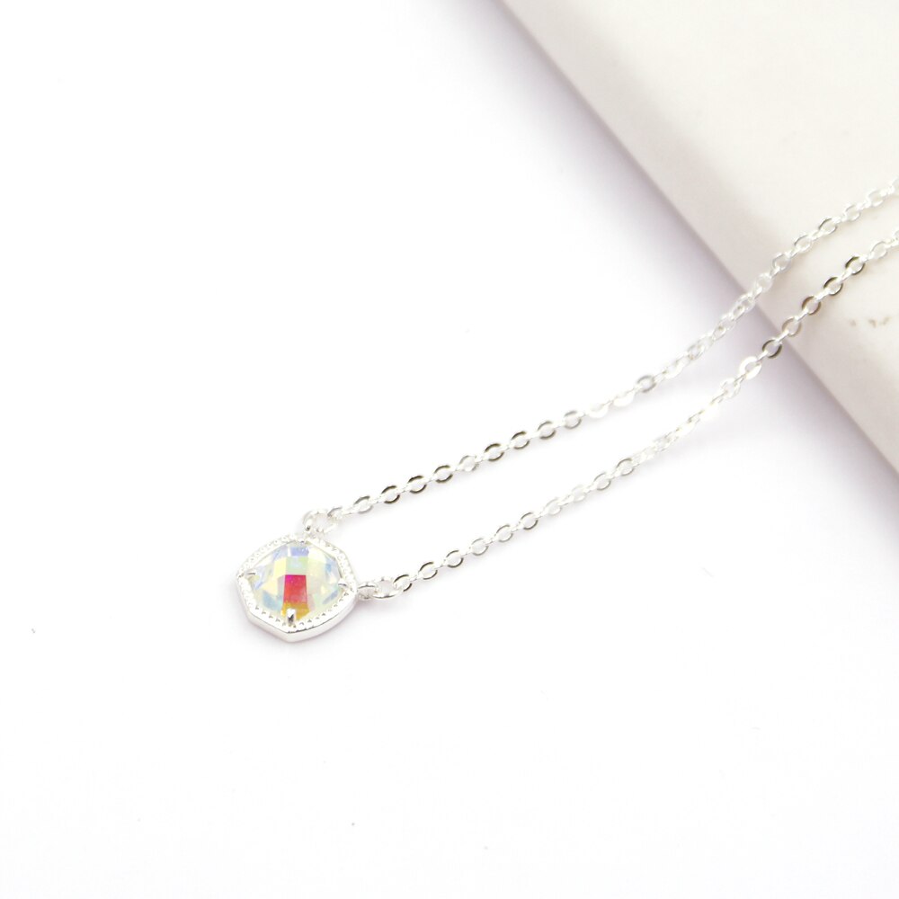 Simple 5 Colors Geometric Candy AB Crystal Hexagon Pendant Necklace For Women: Silver AB N