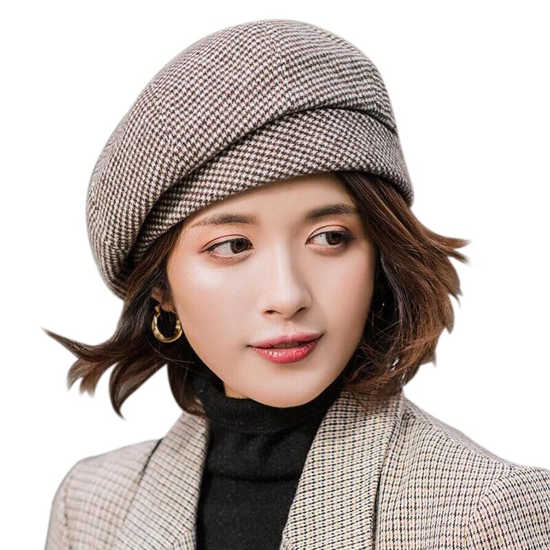Superora Béret Bonnet Retro Plaid Automne Hiver Pour Femme - Style Français