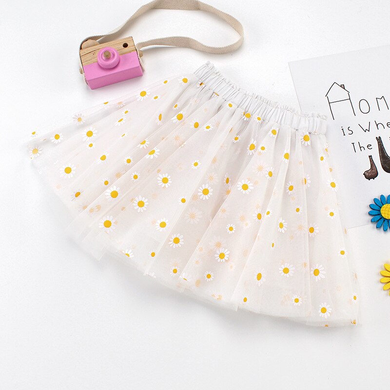 Zomer Roze Bloemen Kinderen Kleding Pluizige Zachte Tulle Girl Korte Rok Madeliefjes Meisjes Rokken Voor 3-8Y Kids Mesh Bal gown: off-White / 4T (120)