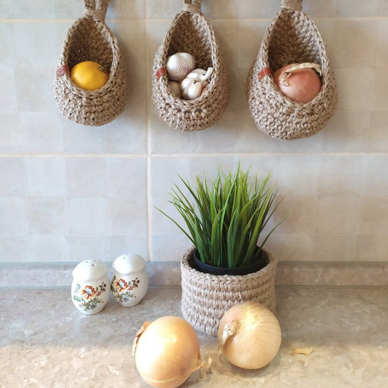 Zerolife Wall Hanging Vegetable Fruit Storage Basket Natural Wicker Woven Basket Kitchen Table Wall Hanging Rope Hanging Basket