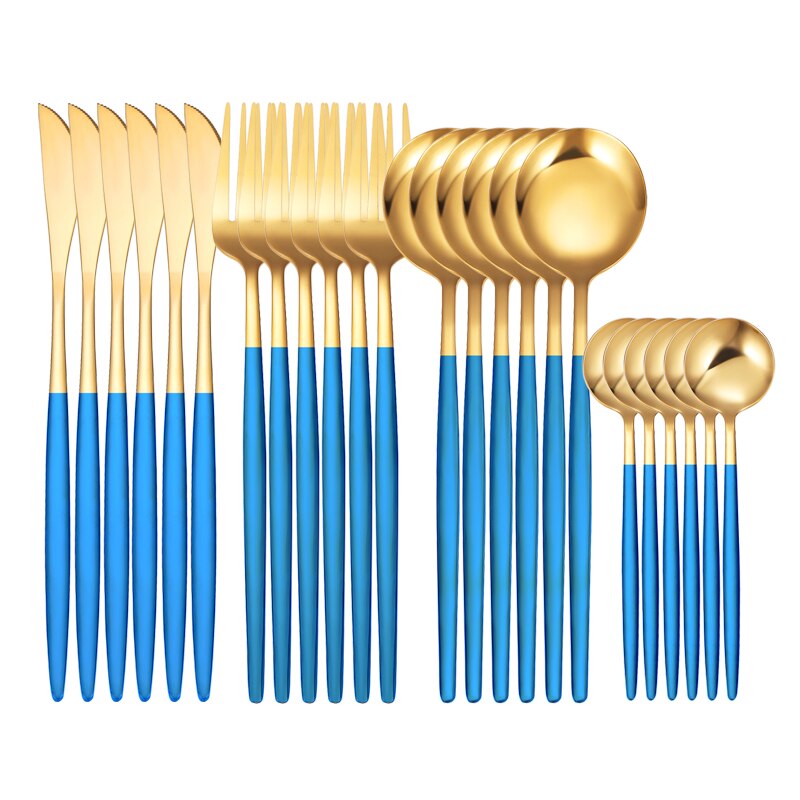 Green Gold 24 Piece Cutlery Cutlery Set Non-fading Cutlery Set Stainless Steel Cutlery Dinner Kitchen Household Knives: 24Pcs Blue Gold