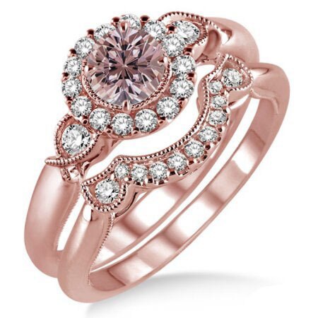 Huitan luxo 2pc conjunto de anel de noivado rosa ouro cor flor em forma coupe anel conjunto com deslumbrante minúsculo cz pavimentado casamento 2pc anel