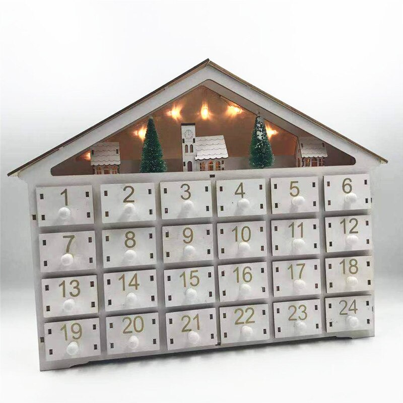 2022 White Christmas LED 24 Day Wooden Advent Calendar Battery-Operated Light-Up 24 Storage Drawers House Advent Calendar: Fluorescence Yellow