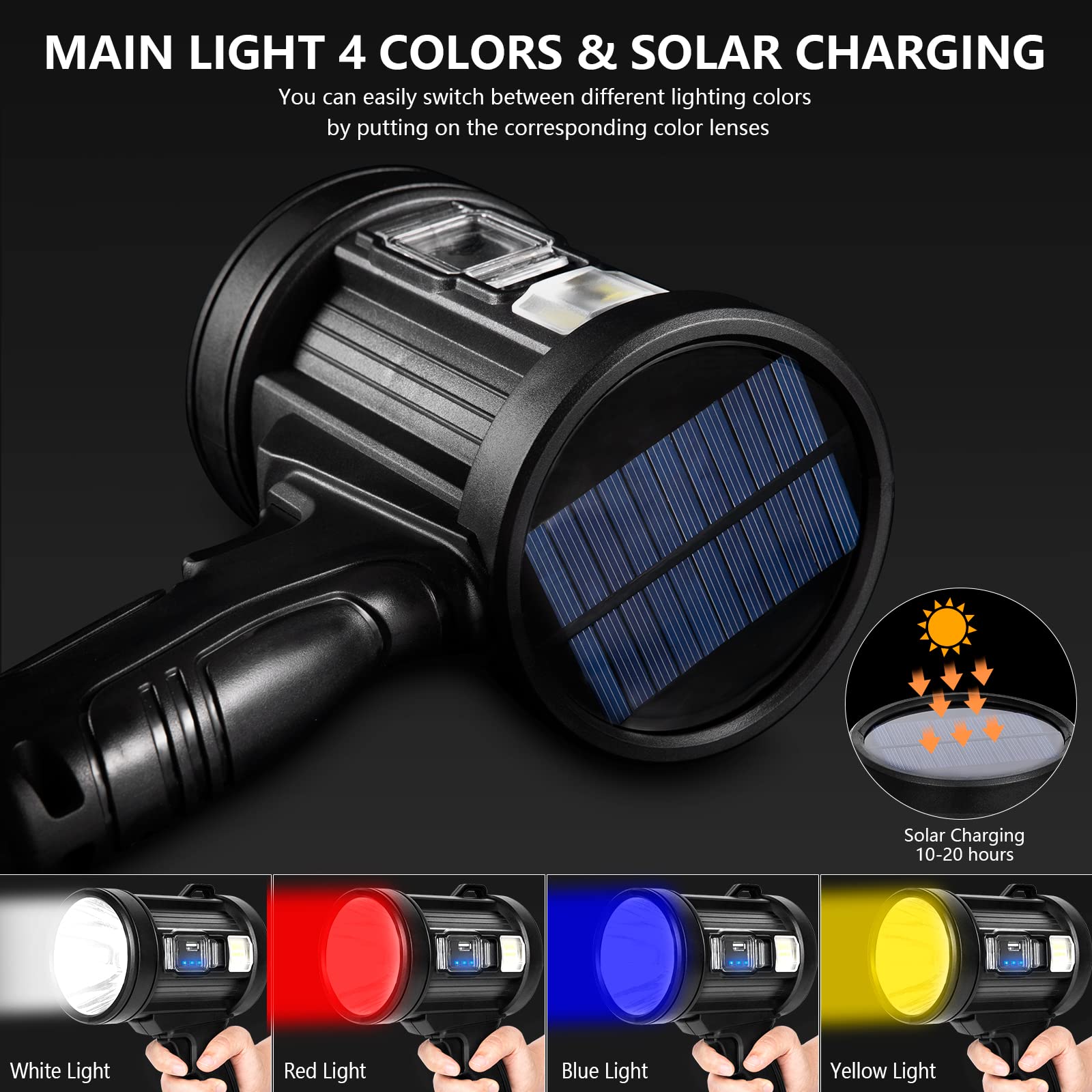 Projecteur Rechargeable, lampe de poche de chasse portative 1000,000 Lumens, Spot Led avec lumière Cob et panneaux solaires pour le Camping