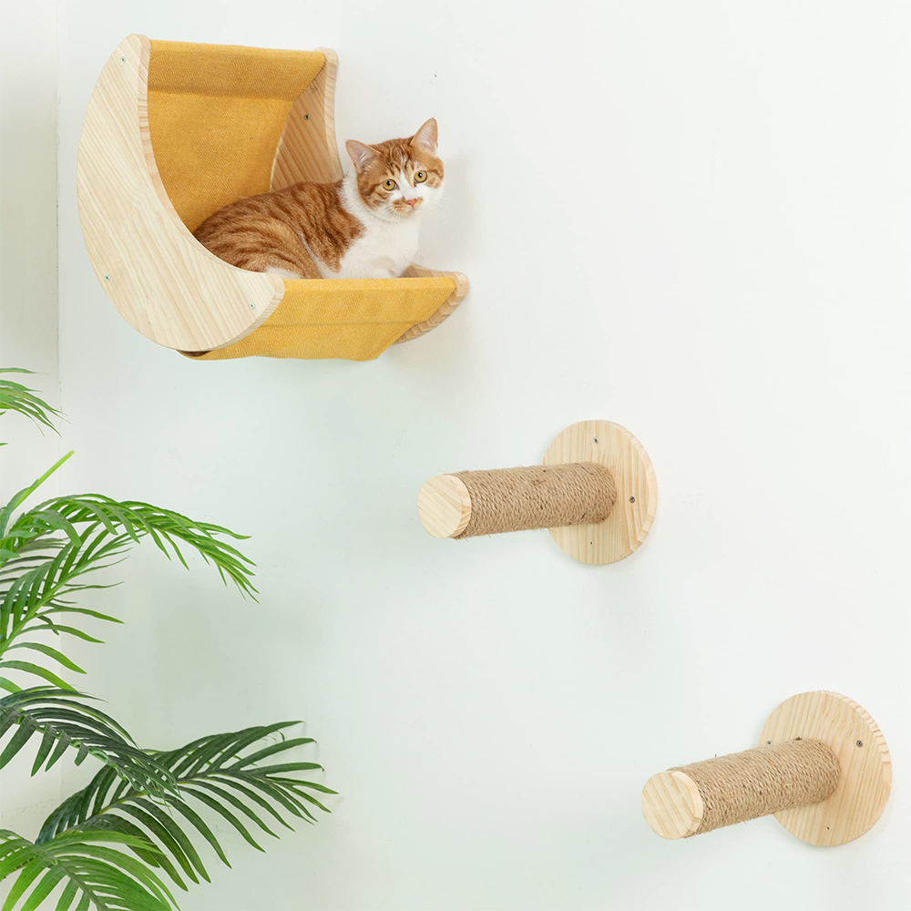 Estante para gatos, hamaca de pared, estantes de escalada en forma de luna y perchas, escalera, escalones de madera maciza para actividades, muebles de pared para gatos de interior