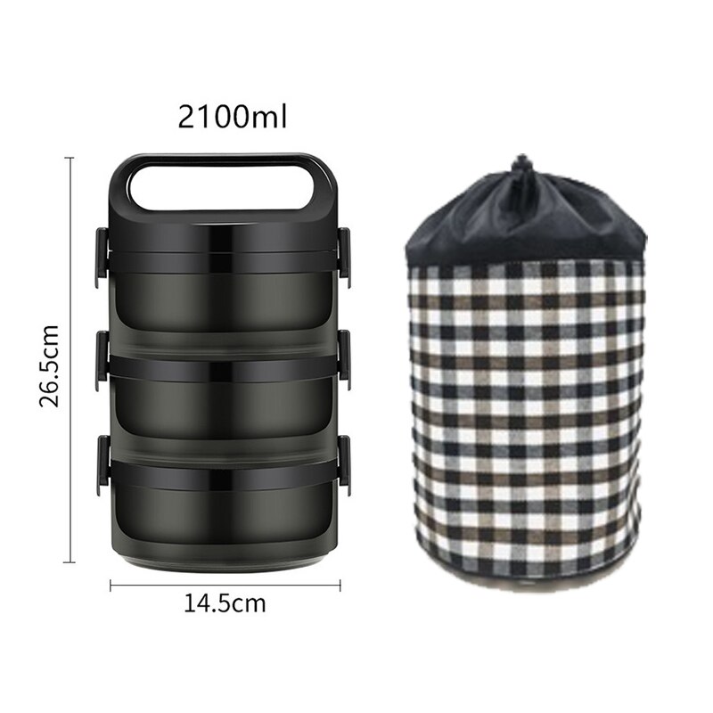 Roestvrij Staal Thermische Lunch Bento Box Voor Office Student Draagbare Multi Layer Picknick Voedsel Container Lekvrij Thermos Lunchbox: 3LayerBlack with bag