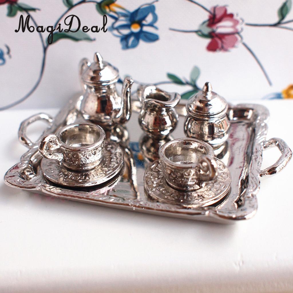 10 Stuks Silver Alloy Thee Deksel Pot Cups Tray Set Voor 1:12 Poppenhuis Miniatuur Poppenhuis Huis Model Meubels Decor accs