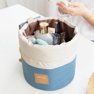 Beautician Barrel Shaped Travel Cosmetic Bag Nylon High Capacity Drawstring Drum Wash Bags Makeup Organizer Storage: Blue