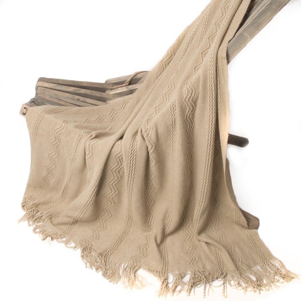 Battilo Intricate Woven Throw Blanket with Raised Patterns and Tasseled End 50"x60": Tan
