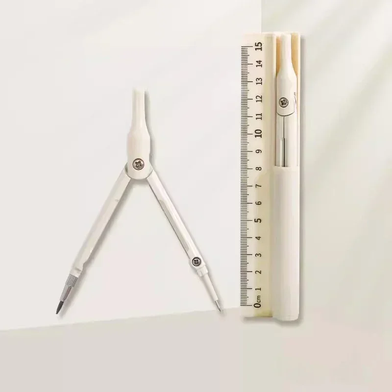 3-in-1 kompas geometrieset met liniaal potlood Kawaii multifunctionele tekening kompas wiskunde geometrie tool kantoor schoolbenodigdheden: WHITE