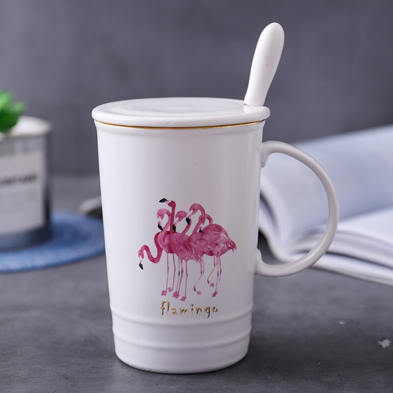 Tegneserie flamingo keramik kop nordisk stil guld kaffekop med låg med ske krus simpel kontor kaffe mælkekop: D