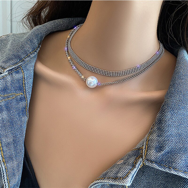 Fyuan moda dupla camada de cristal gargantilhas colares para mulheres pérola colares de jóias