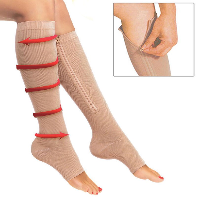 Zipper Compression Stockings For Men Women Nylon Zipper Knee Socks Unisex Leg Support Stretch Pressure Open Toe Long Socks