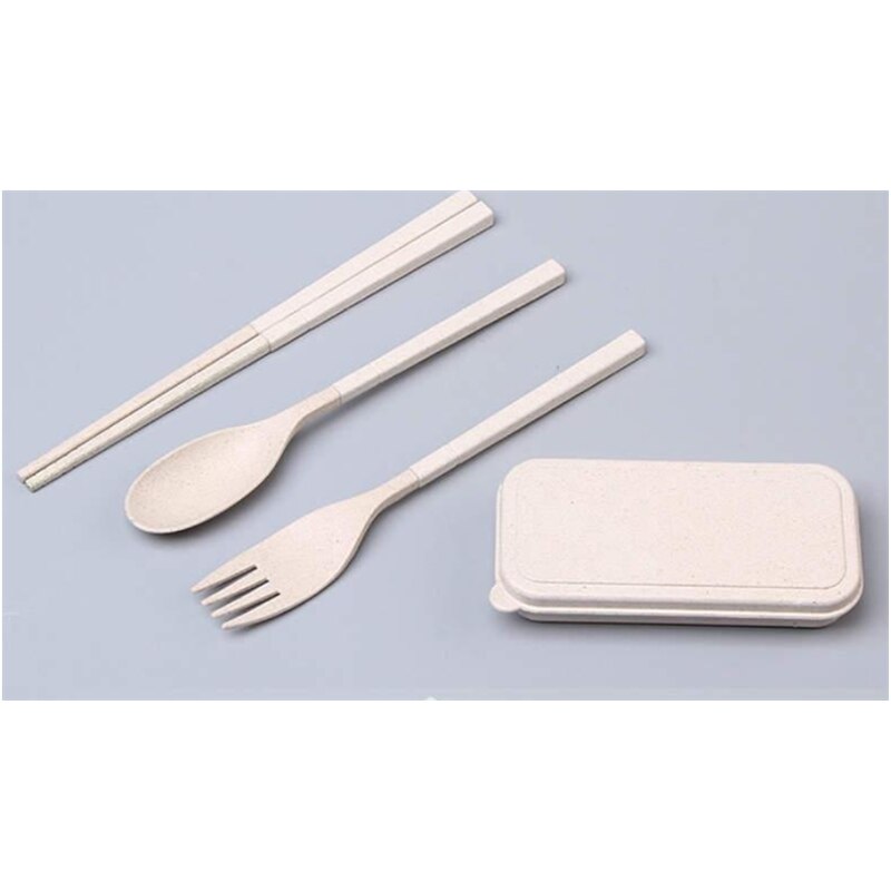 3 in 1 porslin utomhusbestick gaffel/sked/ätpinnar campingredskap bärbar hopfällning av vetehalm med fodral: Beige