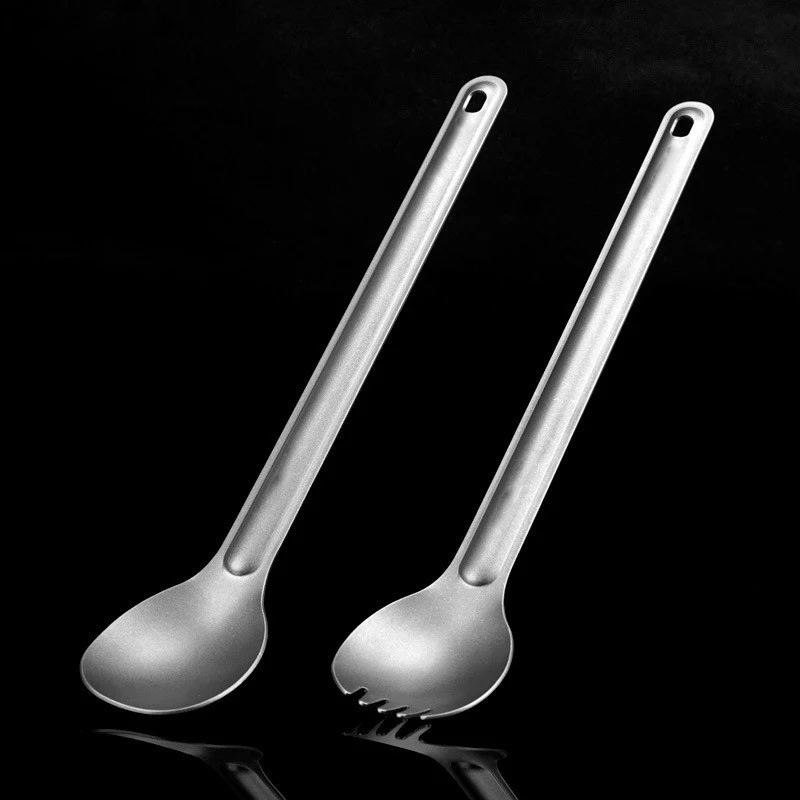Outdoor Flatware Long Handle Half Frosted Spoon Titanium Cutlery Picnic Camping Tableware Reusable Fork Set Lightweight: Red