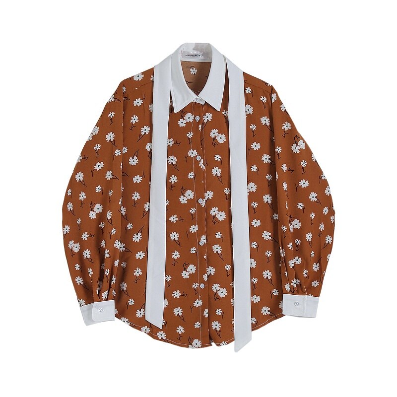 Men Bow Tie Long Sleeve Vintage Casual Loose Shirts Japan Korea Style Male Flower Print Dress Shirts Stage Clothes