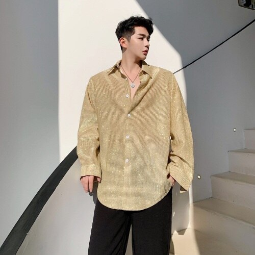 Mænd skinnende vævede langærmede afslappede skjorter mandlige japan korea stil scene kjole skjorter natklub tøj: 3923 / Xl