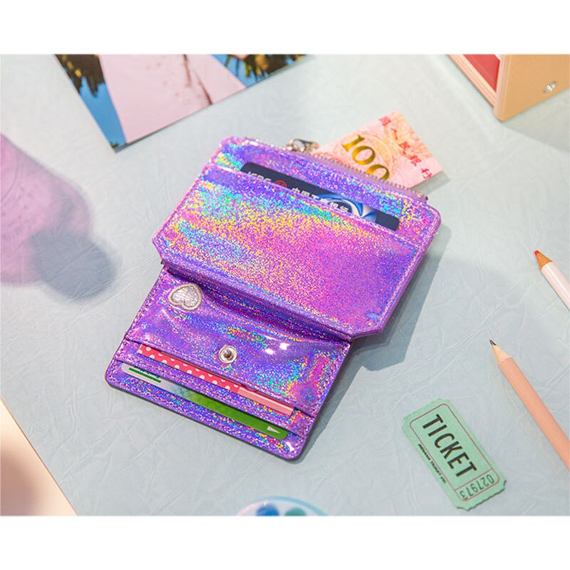 Glänsande myntväska kvinnor harajuku stil pu dragkedja multi-kort position kort snap-on plånbok utomhus resor tarjetero