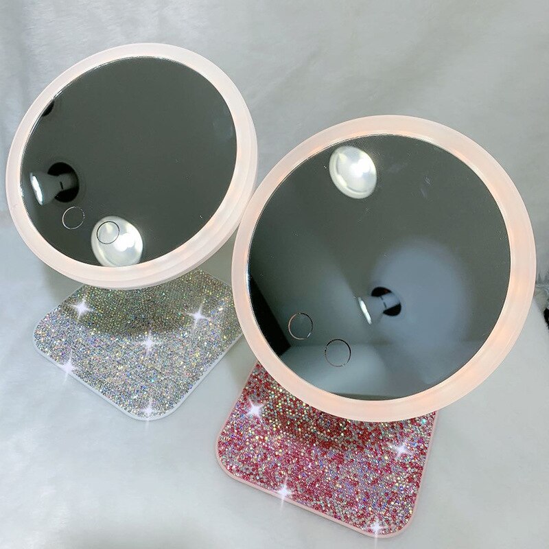Bling Led Vanity Spiegel Steentjes Sticky Spiegels Voor Thuis Fonkelende Decoratieve Spiegels Voor Slaapkamer Dressing Spiegel Roze Ronde