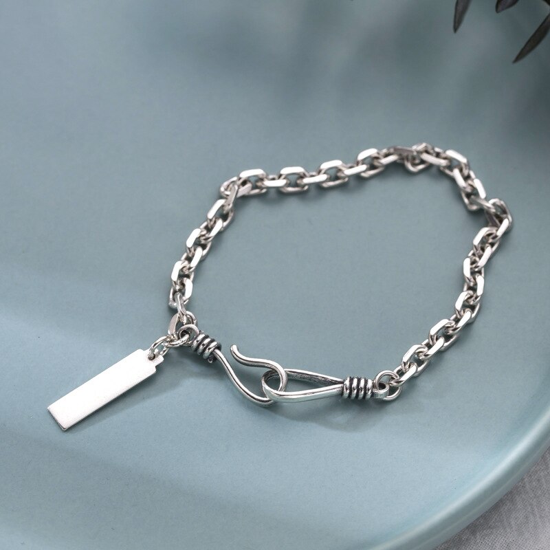 Pulsera larga con cadena de plata fina S925 para mujer, brazalete con acabado antiguo Vintage tailandés, cadena gruesa, joyería de plata Simple