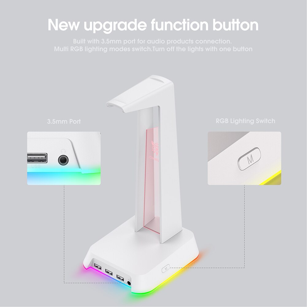 ONIKUMA RGB Headset Display Stand ST-2 with 3 USB+Audio Port Gamers Headphone Support Desk Hanger Holder Storage Accessories