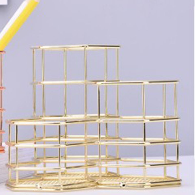 Kontor penholder skrivebord arrangør rhombus rhombus metal kablede blyanter børster holder skole papirvarer opbevaring guldfarve