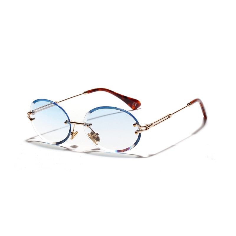 1 par diamantslebne retro ovale solbriller kvindelig krystal tekstur kantløse briller dame dekorativt tilbehør: Blå