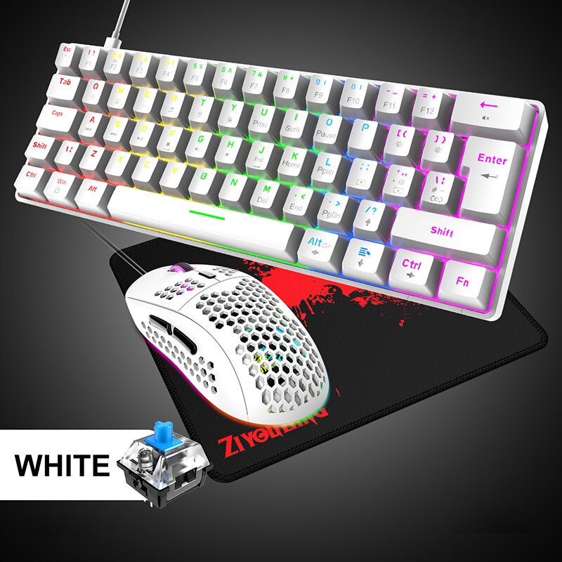 Wired Keyboard Mouse and Mouse pad Set Gaming Mechanical Keyboards 62 keys RGB Backlit Blue Red Switch for PC Gamer: Blue Switch White