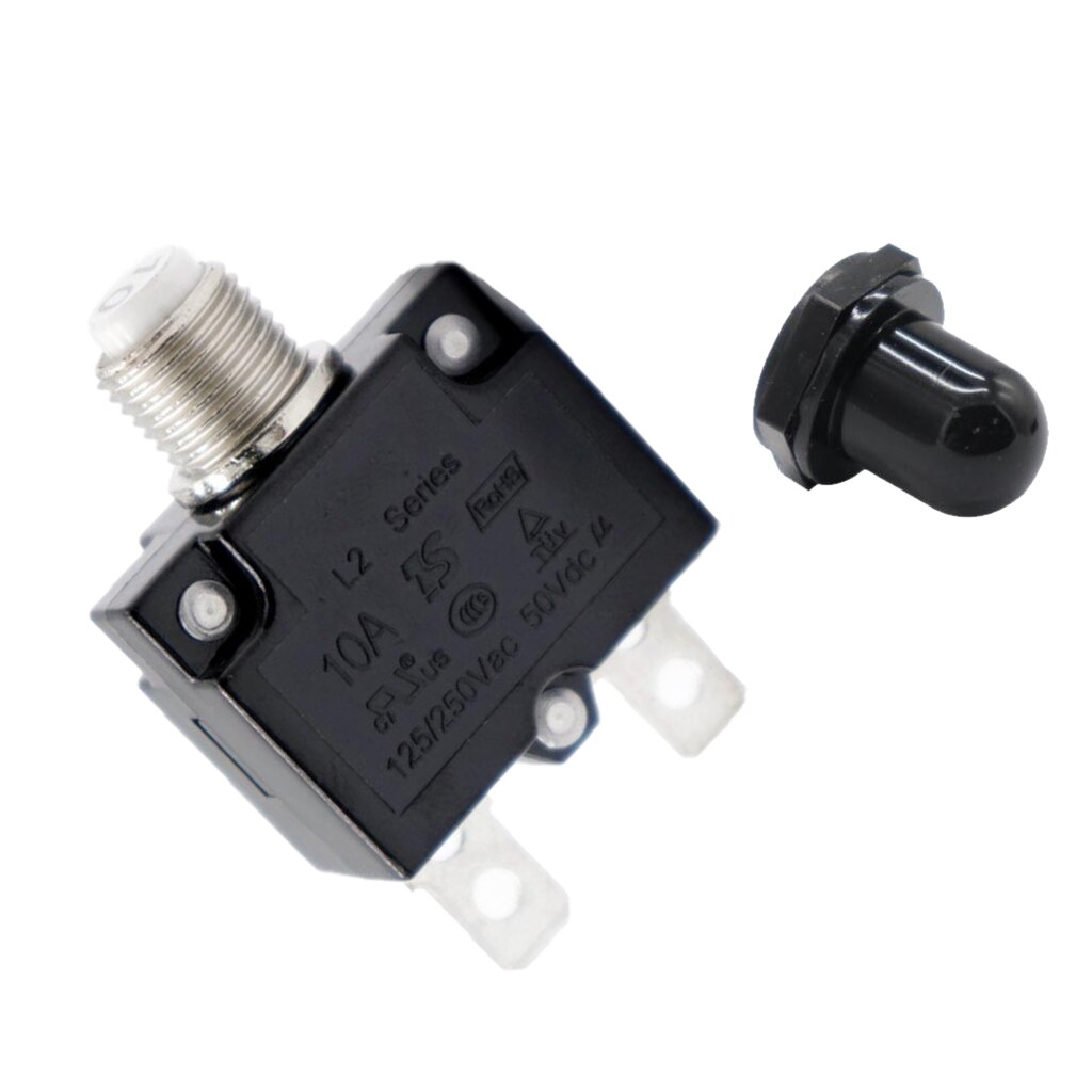 10 Amp Push Button Circuit Breaker 50V DC or 250V AC, Mounts in 3/8 inch (10 mm) Round Hole, Black Button Cap