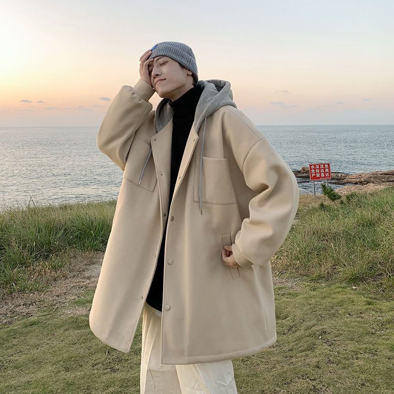 Hong Kong style handsome unisex mid-length windbreaker Hooded woolen coat men winter clothe thick loose casual jacket: XXL / Apricot