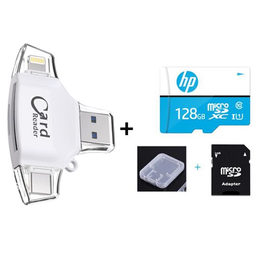 Lector de tarjetas Micro SD 4 en 1 tipo C, adaptador Lightning para iPhone, Android, iPad, MacBook, USB, OTG, extensión de teléfono: White n 128GB TF