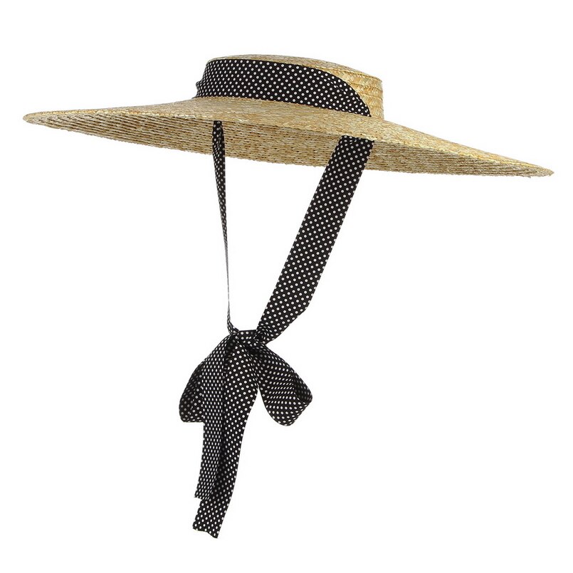 Gemvie stråhat med stor skygge sommerhatte til kvinder bånd strandkasket boater flad top solhat: Prik / 15cm rande