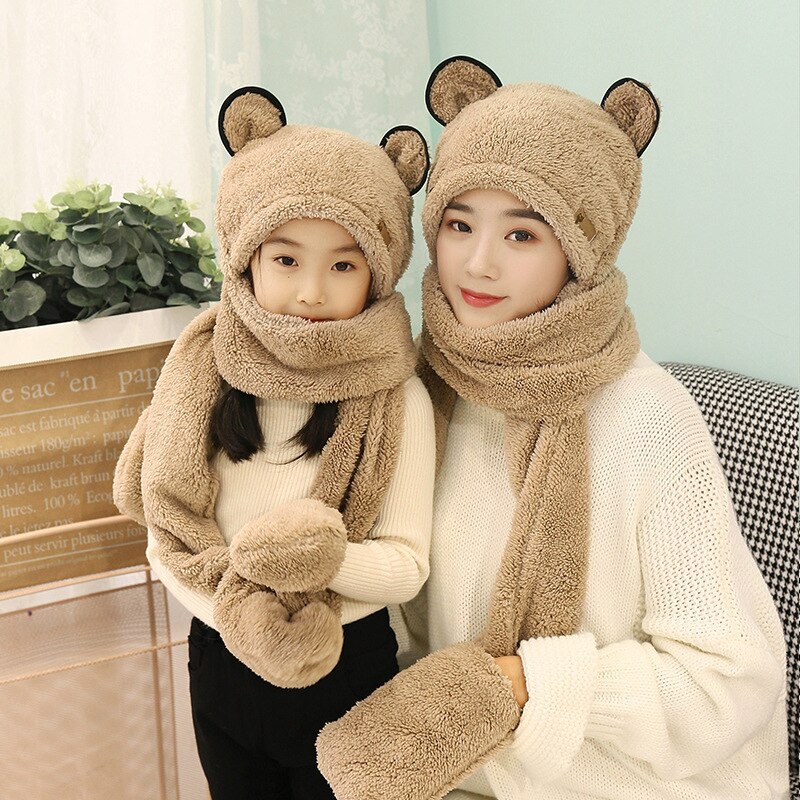 Bonnet Écharpe Gants 3-en-1 Enfant Hiver – Peluche Oreilles Ours – Chapeau Capuche Multifonction 5-12 Ans – Chaud & Mignon Ski Rando École