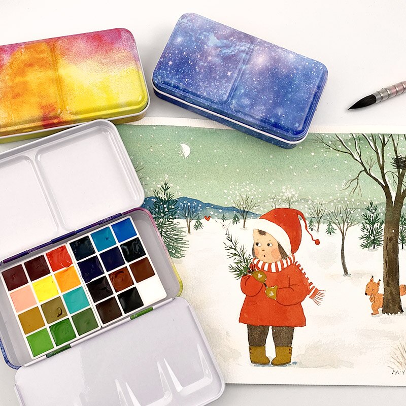 Handmade 24 Color 1ML Watercolor Set Artist Painting Watercolors Art Supplies Sample Trial Pack Metal Palette