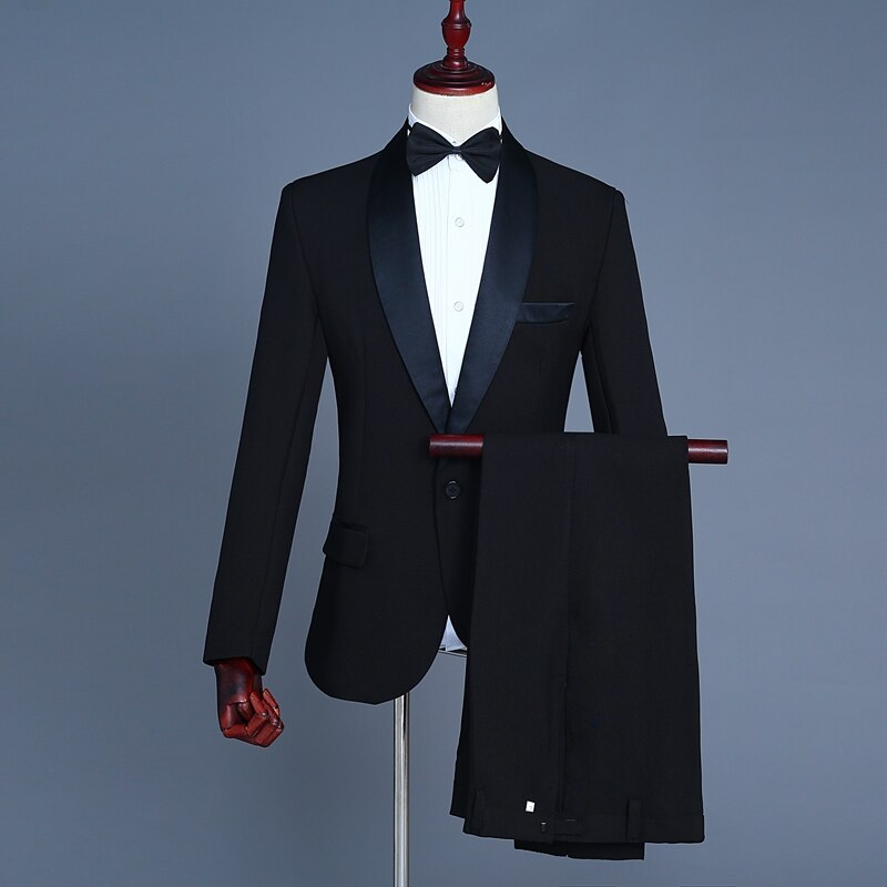 Luxury Handsome 2 Colors Wedding Suits Stage Costume Men&#39;s Leisure Business Blazer Pants Set with Bow Tie: black / S