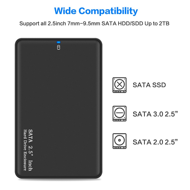 Scatola da 2.5 pollici USB 3.0 SATA Hd unità HDD custodia per hdd esterna custodia nera strumento gratuito 5 Gbps supporto UASP per disco rigido SSD/ 2TB