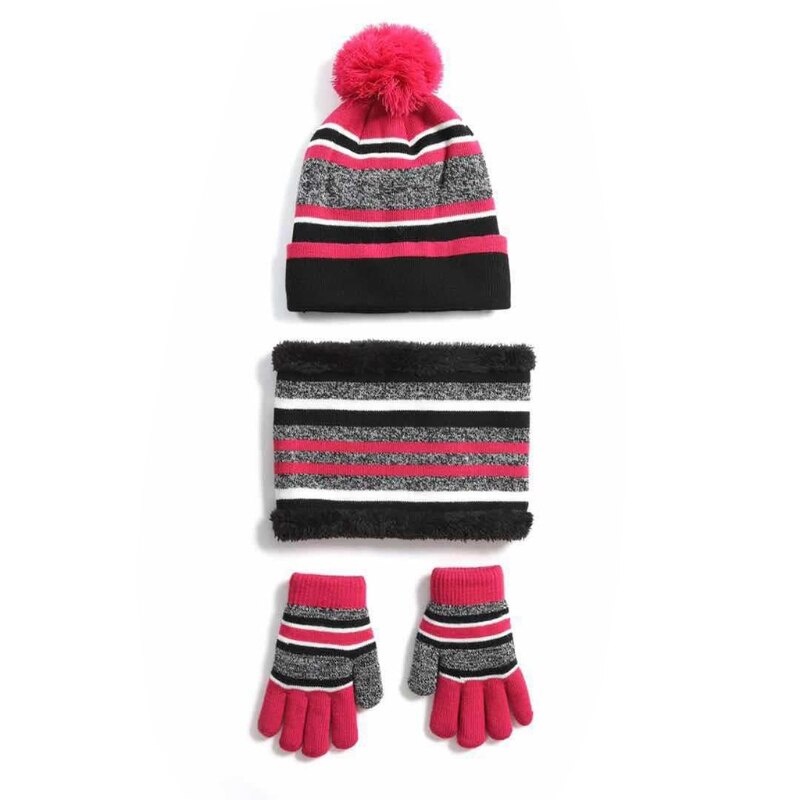Bonnet, chapeau, écharpe, gants, ensemble de 3 pièces, tricot d'hiver pour enfants, couleur contrastée, rayé, peluche épaisse doublée, pompon, tête de mort