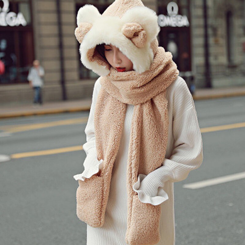 Foux Bomber Hats Women Kids Parent Child Winter Bear Ears Russian Cap Scarf Neck Gloves Snow Warm Baby Boy Girl Ushanka Trooper: Khaki