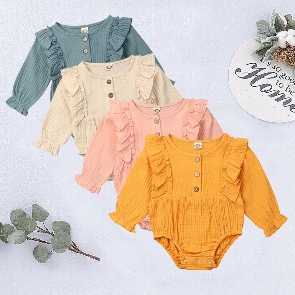 Citgeett Herfst Pasgeboren Peuter Baby Meisje Kleding Ruche Bodysuit Zachte Jumpsuit Outfit Effen Linnen Sunsuit
