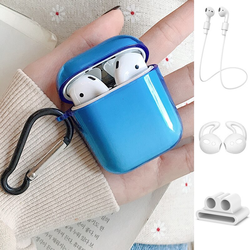 2/5PSC clear case for airpods case cute protective cover for airpods 2 with earplug Anti-lost rope sport case for airpods 2 case: Set B Dark blue