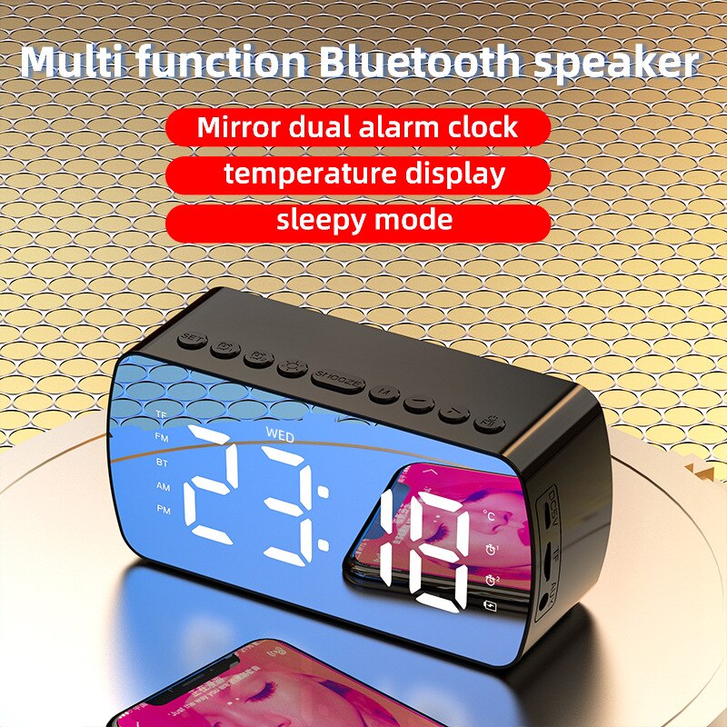 Smart väckarklocka fm-radio spegel bluetooth-högtalare termometer trådlös bluetooth-högtalare med lång batteritid stereohögtalare bilfestdekor