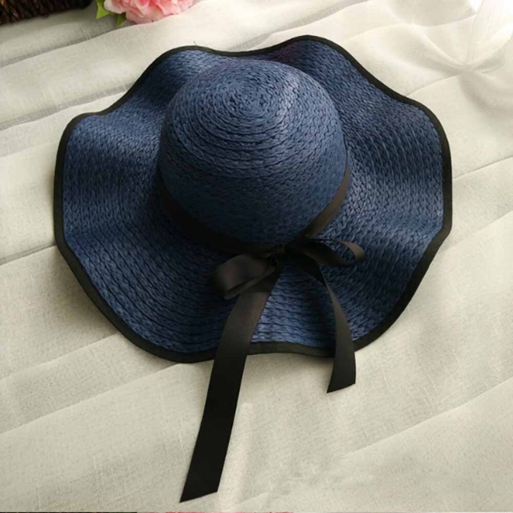 Damer årsagssammenhæng topi strand hat sommer sol uv beskyttelse yndefuld floppy halm sol hat kvinder kvinde rejse hat: Marine blå