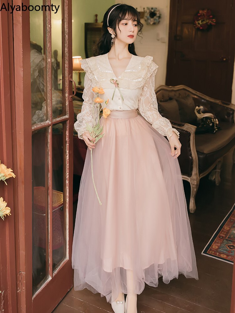 2022 Mori Girl Spring Autumn Women 2 Pcs Set Turn-Down Collar Sweet Lace Top+Pink Mesh Long Skirt Feminine Party Suit