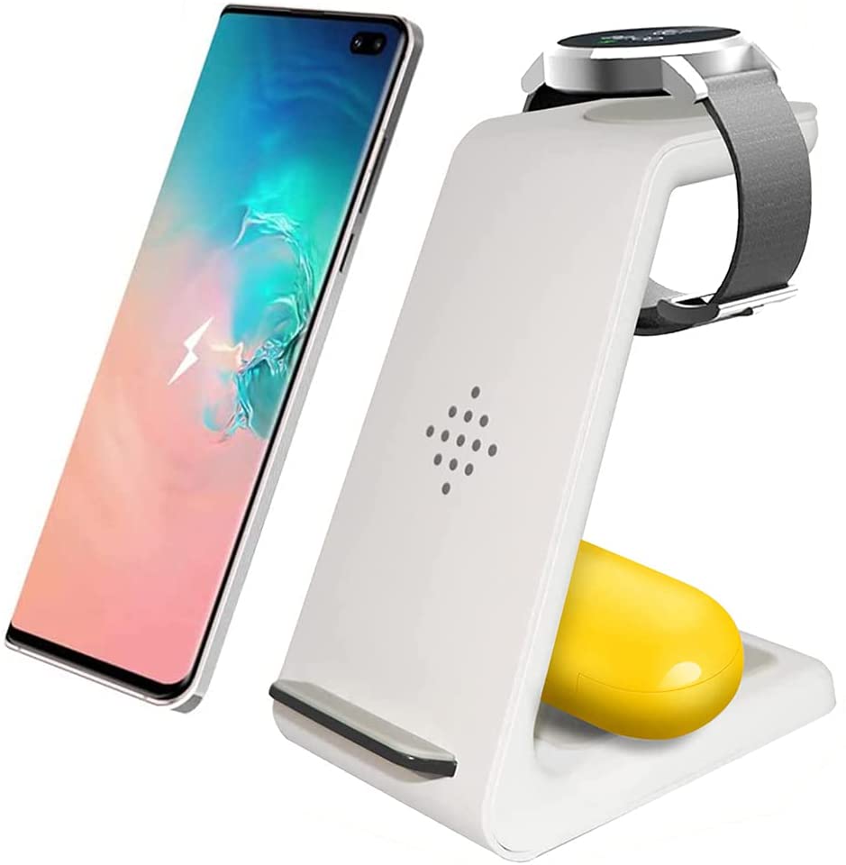 3 In 1 QI Wireless Charger Pad Dock Station Stand for Samsung S20 S21 Galaxy Watch 3 Active 2 Gear S3 Buds+ Live Fast Charging: white