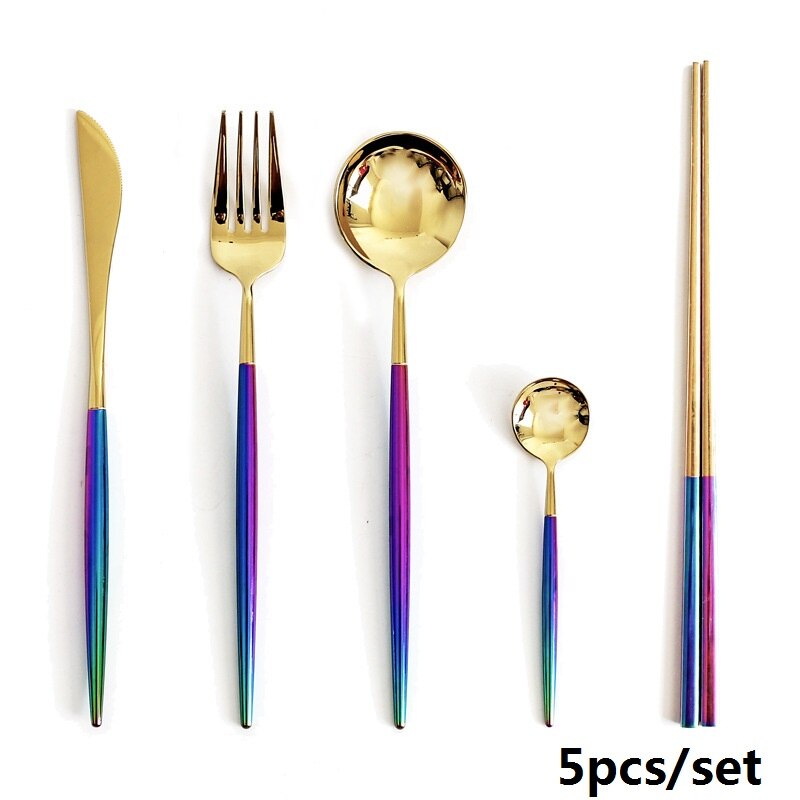 Färgglada bestick set rostfritt stål ätpinnar middag kniv sked gaffel tesked servis set jul silver fest: Gyllene cutley 5 st