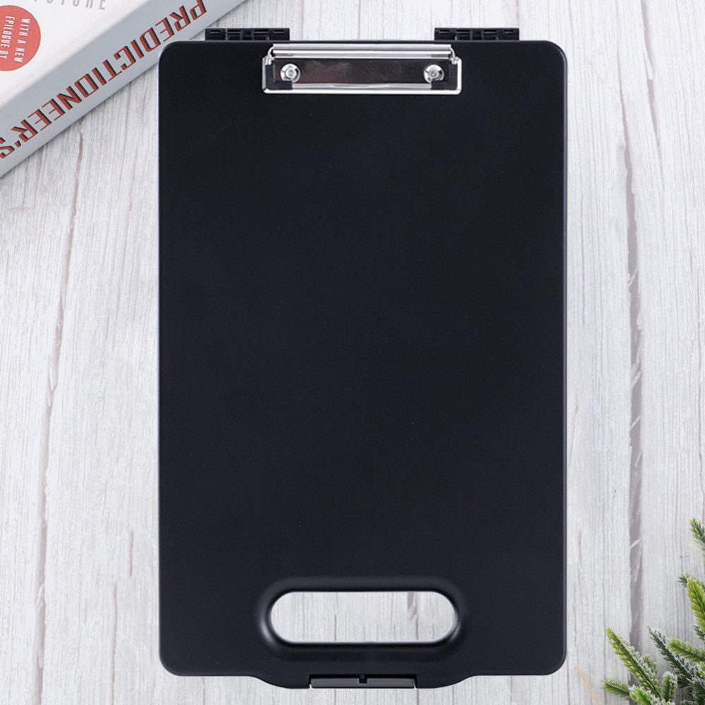 1Pc Portable Clipboard Storage Box Multifunction File Folder Openable Paper Storage Organizer Case Clip Board Writing Pad File F: Black