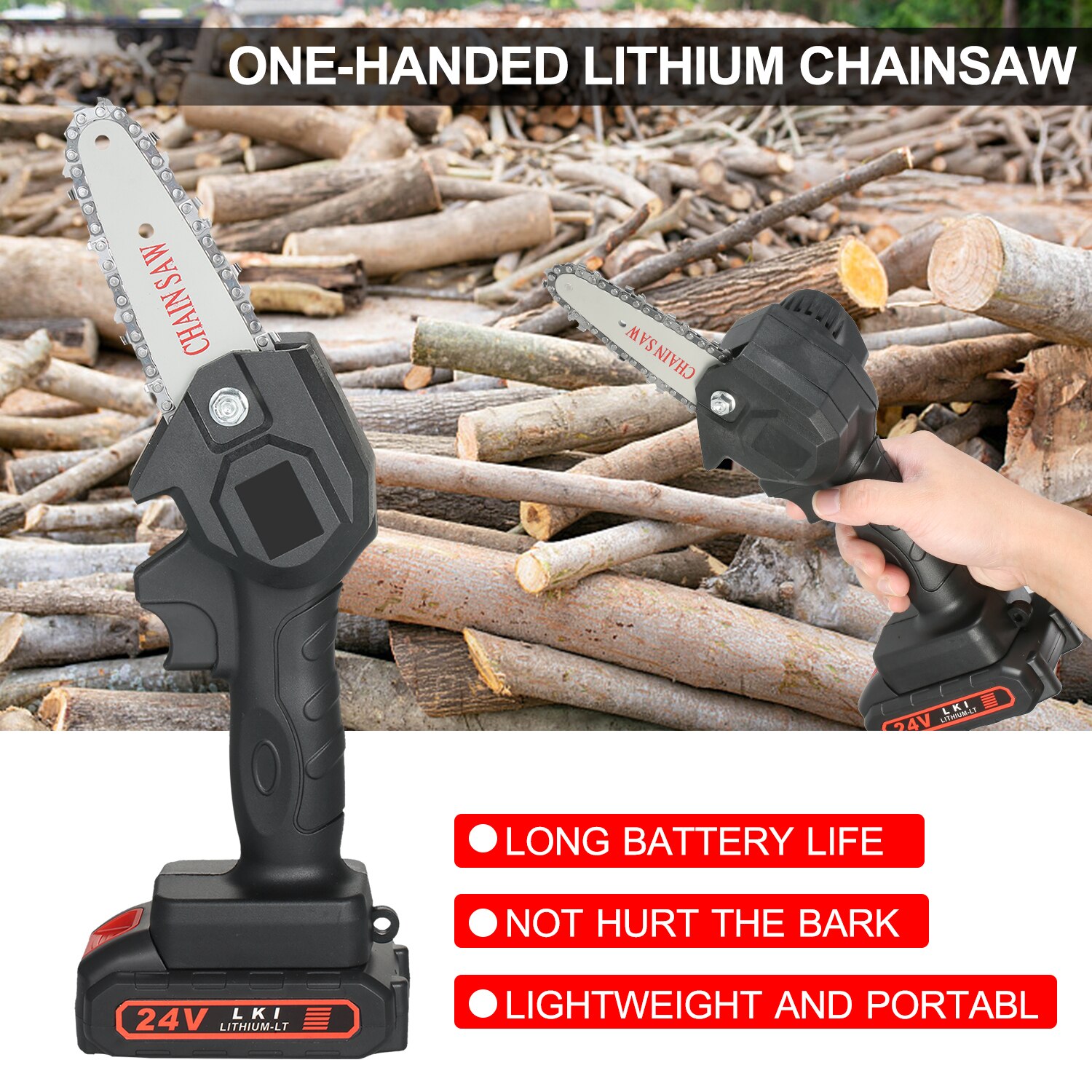 24V Mini Chainsaw 1500mAh Cordless Power Chain Saws 4-Inch Portable Electric Pruning Saw for Courtyard Tree Branch Wood Cutting