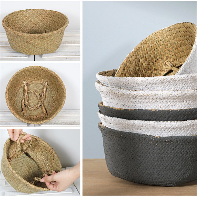 Handmade Bamboo Storage Baskets Foldable Laundry Straw Patchwork Wicker Rattan Seagrass Belly Garden Flower Pot Planter Basket