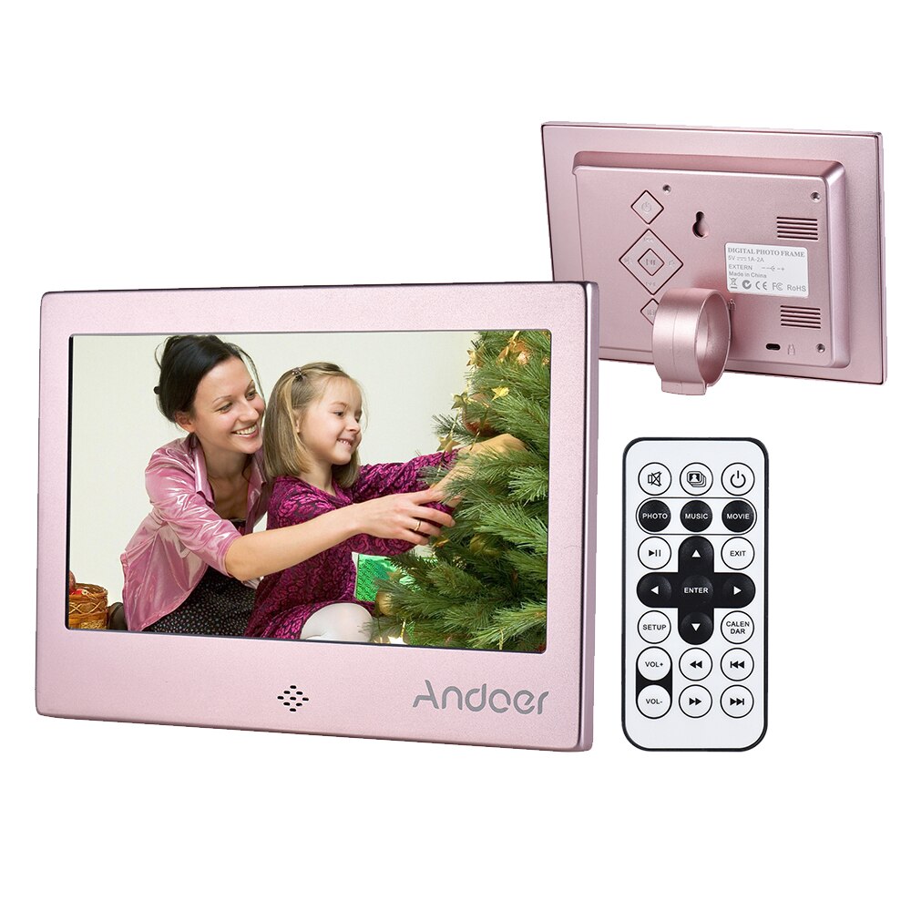 Andoer 7 "LED Digital Foto Rahmen 720P Video/Musik/Kalender/Uhr/TXT Spieler 1024*600 auflögesungen Metall Rahmen w/Fernbedienung: Rosa / uns Stecker
